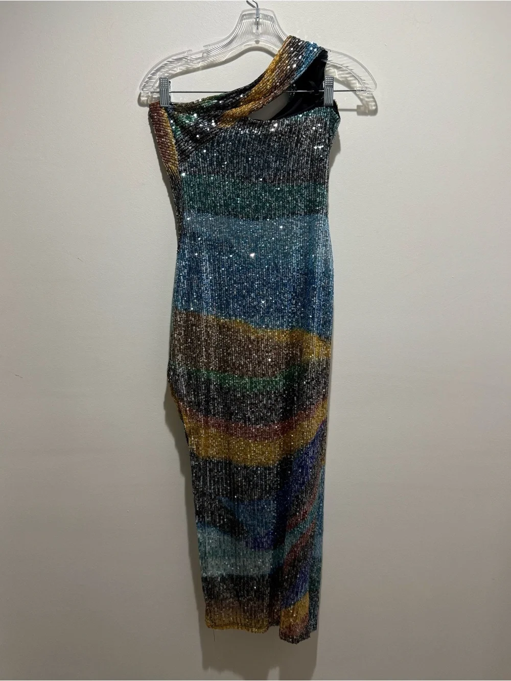 Multicolor Sequin One Shoulder Midi Dress Side Slit - Picture 4 of 11